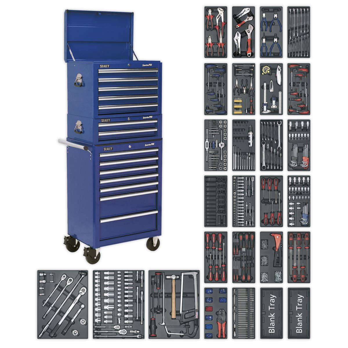 Sealey SPTCCOMBO1 Tool Chest Combination 14 Drawer with Ball-Bearing Slides - Blue & 1179pc Tool Kit-McCormickTools