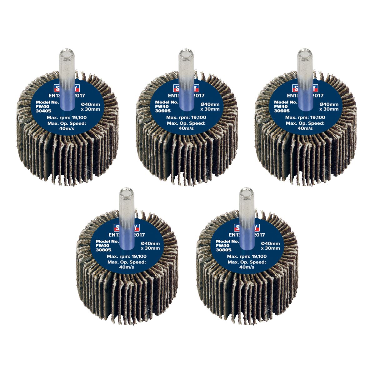 Sealey FW4030ASS Abrasive Flap Wheel Ø40 x 30mm Ø6mm Shaft Assorted Grit - Pack of 5