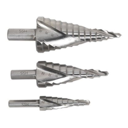 Sealey AK4749 HSS 4341 Step Drill Bit Set 3pc Spiral Flute