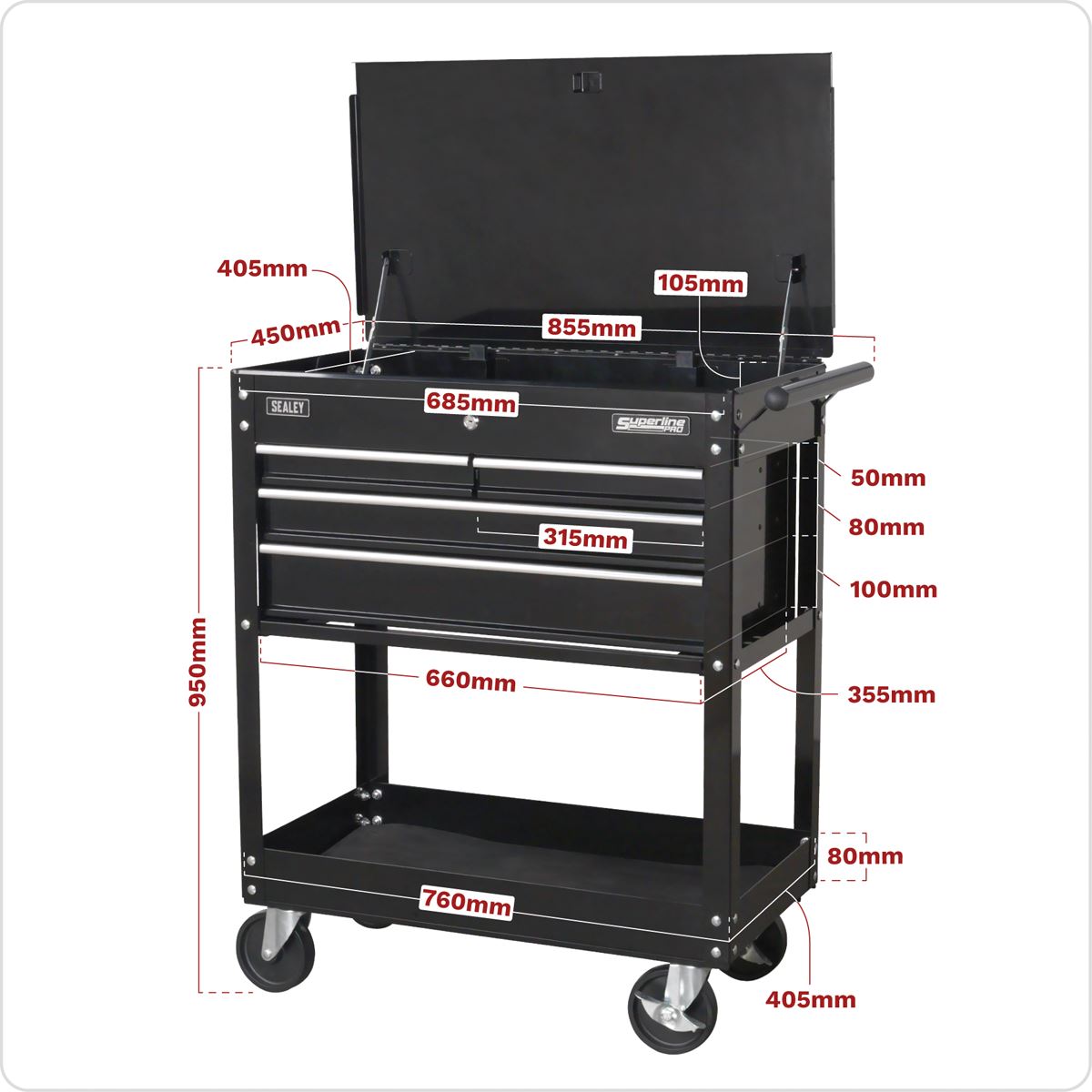 Sealey AP850MB Heavy-Duty Mobile Tool & Parts Trolley with 4 Drawers & Lockable Top - Black