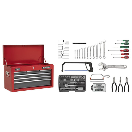 Sealey AP2201BBCOMBO Topchest 6 Drawer with Ball-Bearing Slides - Red/Grey & 98pc Tool Kit