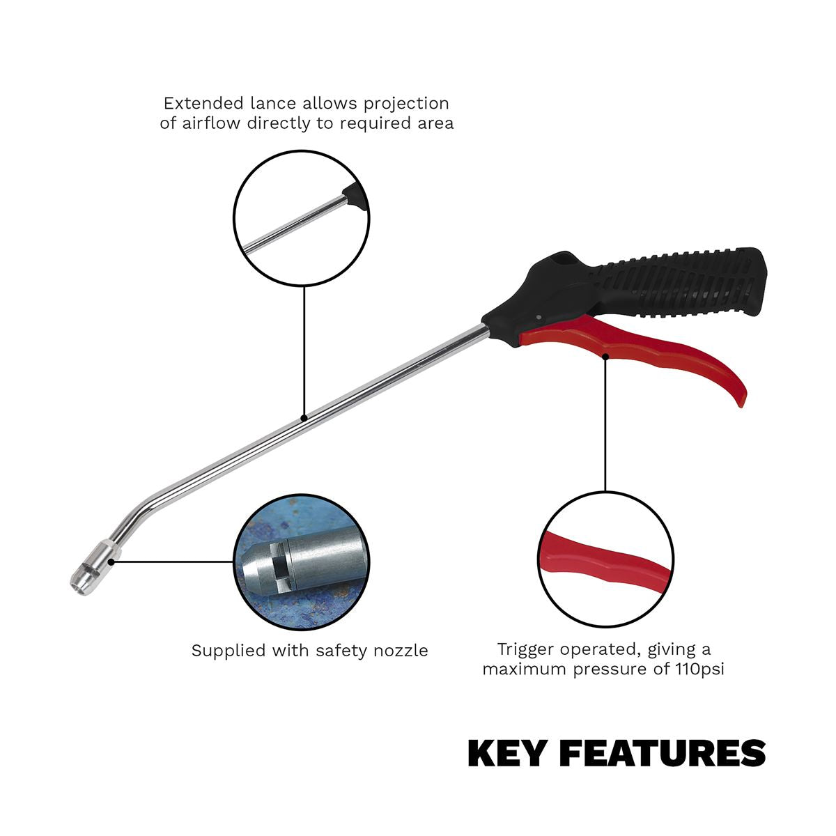 Sealey SA9133 Air Blow Gun 250mm with 1/4"BSP Air Inlet & Safety Nozzle