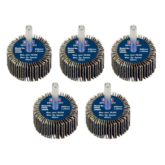 Sealey FW4020ASS Abrasive Flap Wheel Ø40 x 20mm Ø6mm Shaft Assorted Grit - Pack of 5