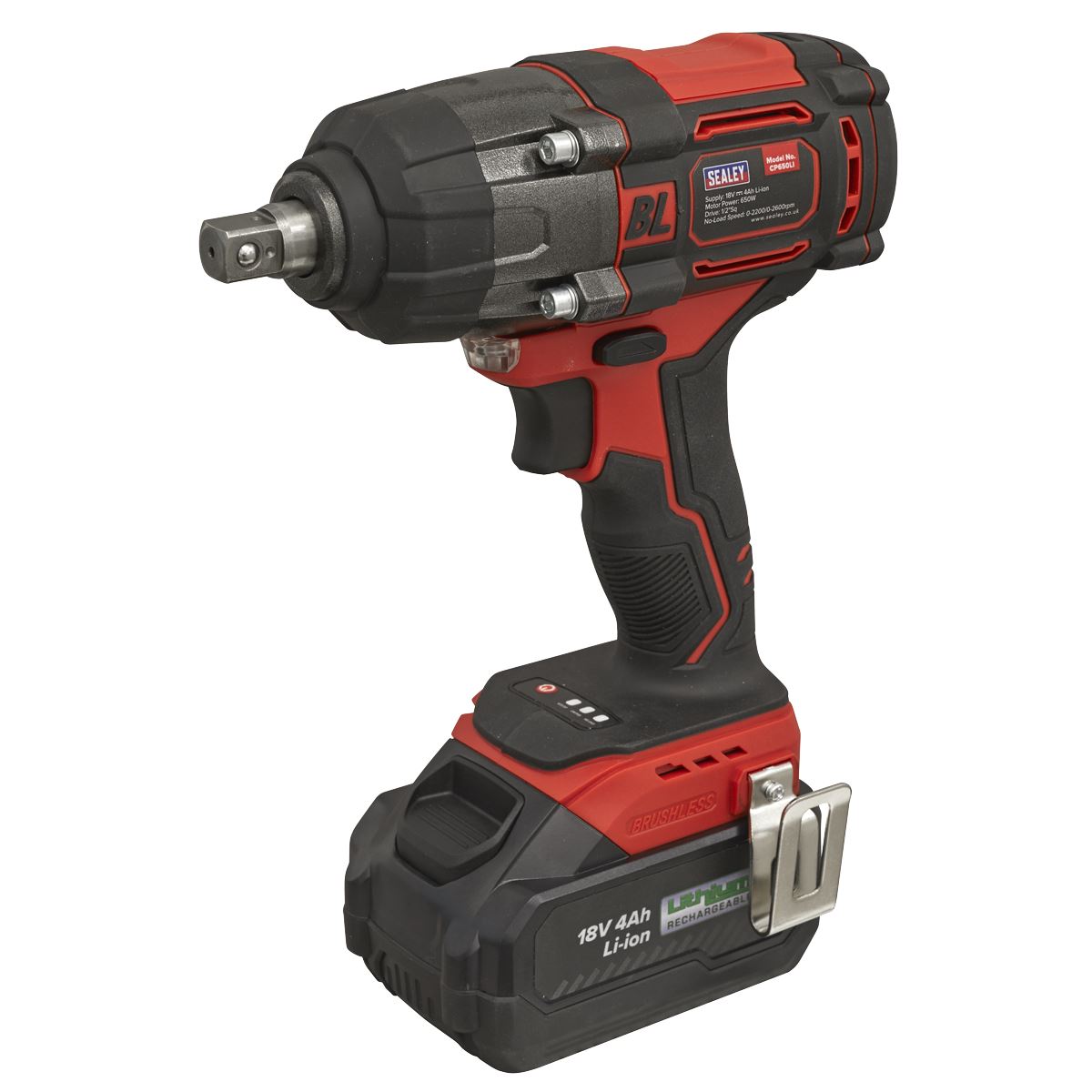 Sealey CP650LI Cordless Brushless Impact Wrench 18V 4Ah Lithium-ion 1/2"Sq Drive