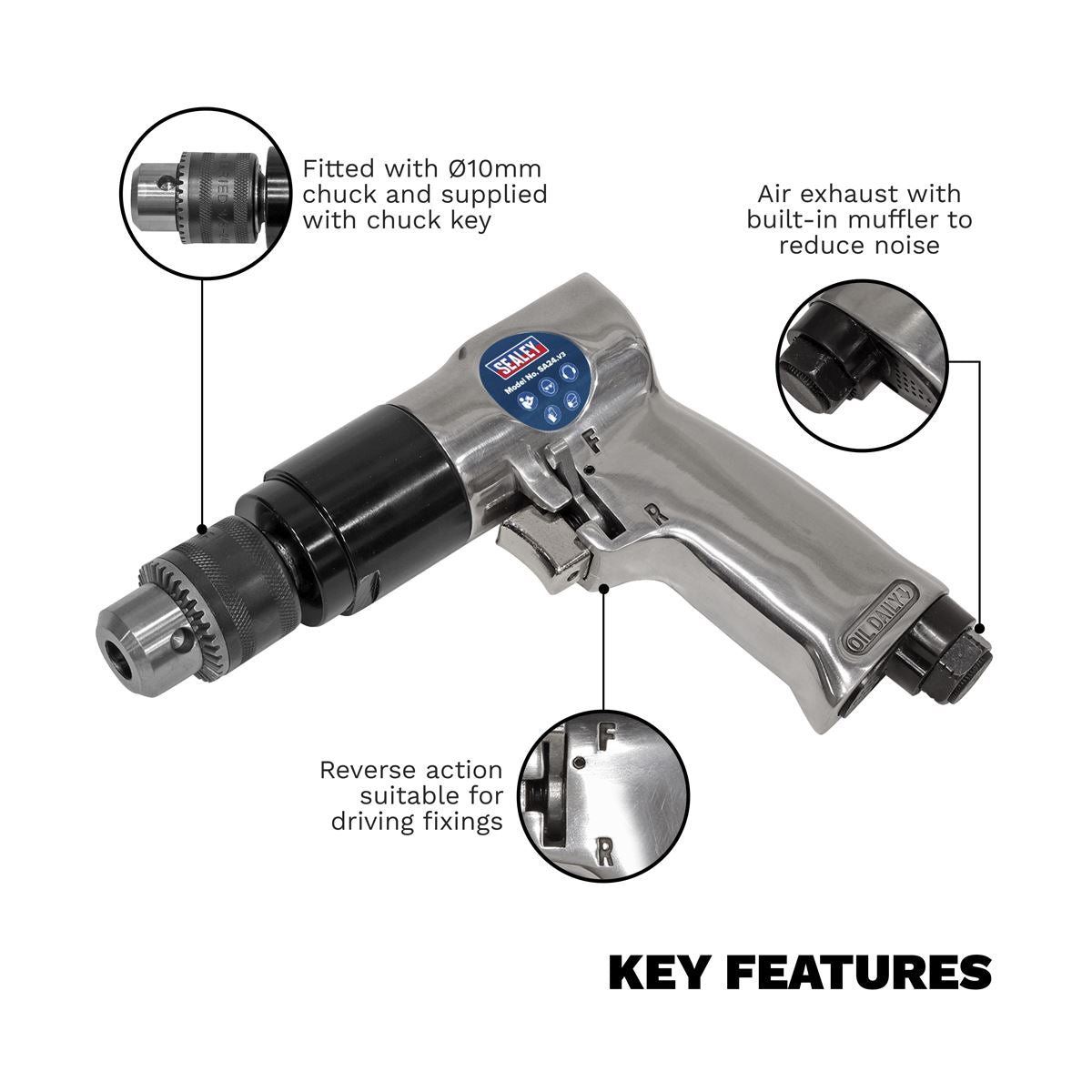 Sealey SA24 Air Drill Ø10mm 1800rpm Reversible