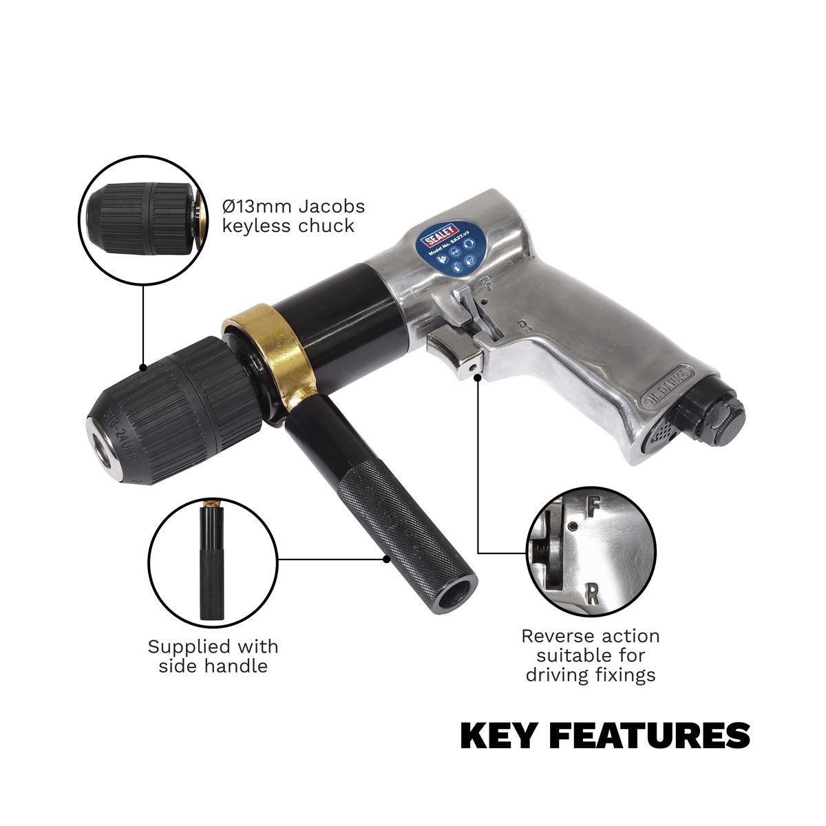 Sealey SA27 Air Drill Ø13mm 700rpm Reversible Keyless Chuck