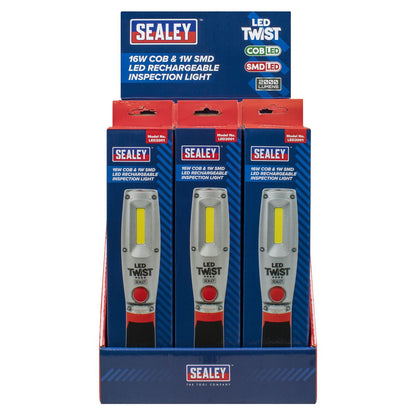 Sealey LED2001DB LED Twist Rechargeable Inspection Light 16W COB & 1W SMD - Display Box of 12