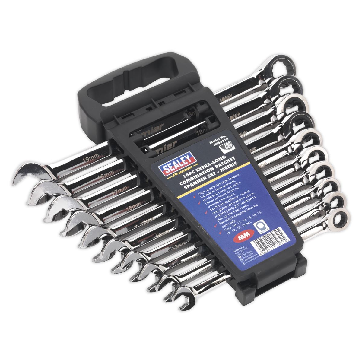 Sealey AK63914 Combination Ratchet Spanner Set 10pc Extra-Long Metric