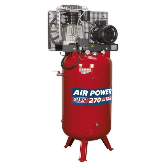 Sealey SACV52775B Air Compressor 270L Vertical Belt Drive 7.5hp 3ph 2-Stage with Cast Cylinders