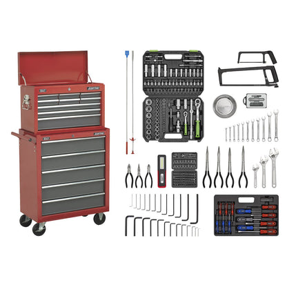 Sealey AP2250BBCOMBO Topchest & Rollcab Combination 14 Drawer with Ball-Bearing Slides - Red/Grey & 281pc Tool Kit