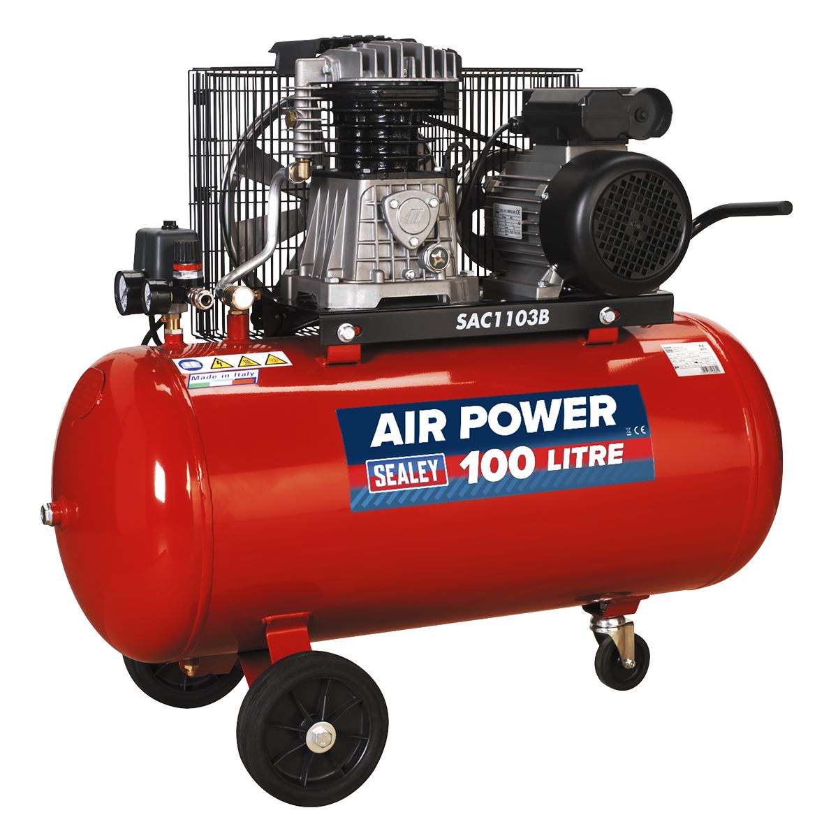 Sealey SAC1103B Air Compressor 100L Belt Drive 3hp with Cast Cylinders & Wheels