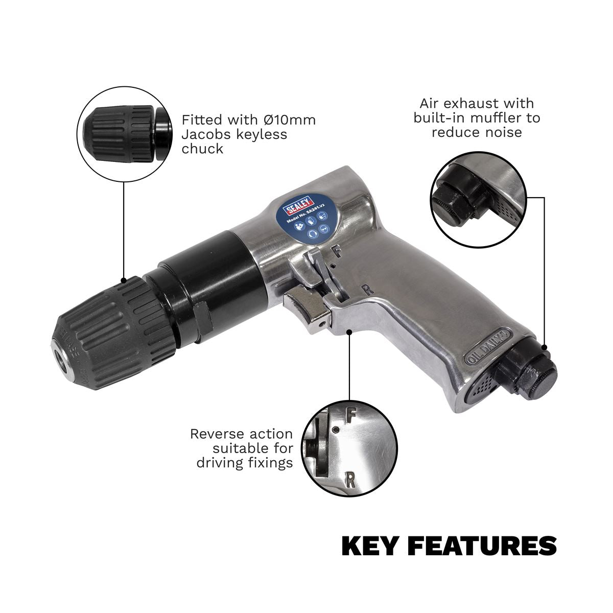 Sealey SA241 Air Drill Ø10mm Reversible with Keyless Chuck