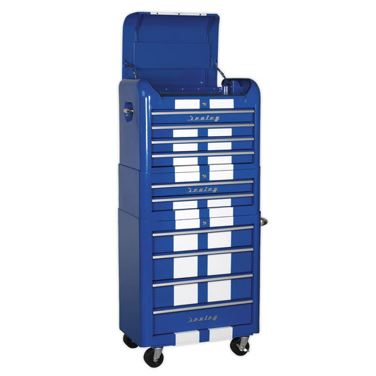 Sealey AP28COMBO2BWS Retro Style Topchest Mid-Box Tool Chest & Rollcab Combination 10 Drawer Blue/White Stripes