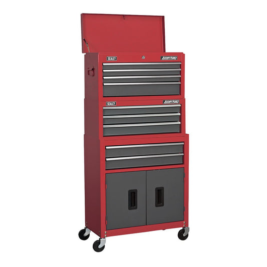 Sealey AP2200BBSTACK Topchest Mid-Box Tool Chest & Rollcab 9 Drawer Stack - Red