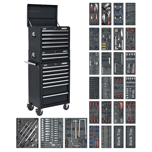 Sealey SPTCOMBO2 Tool Chest Combination 14 Drawer with Ball-Bearing Slides - Black & 1179pc Tool Kit