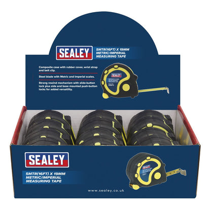 Sealey AK98912 Rubber Tape Measure 5m(16ft) x 19mm Metric/Imperial Display Box of 12