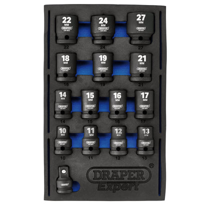 Draper 63415 HI-TORQ® Metric Impact Socket Set in EVA Drawer Insert Tray 1/2" Sq. Dr. 15 Piece