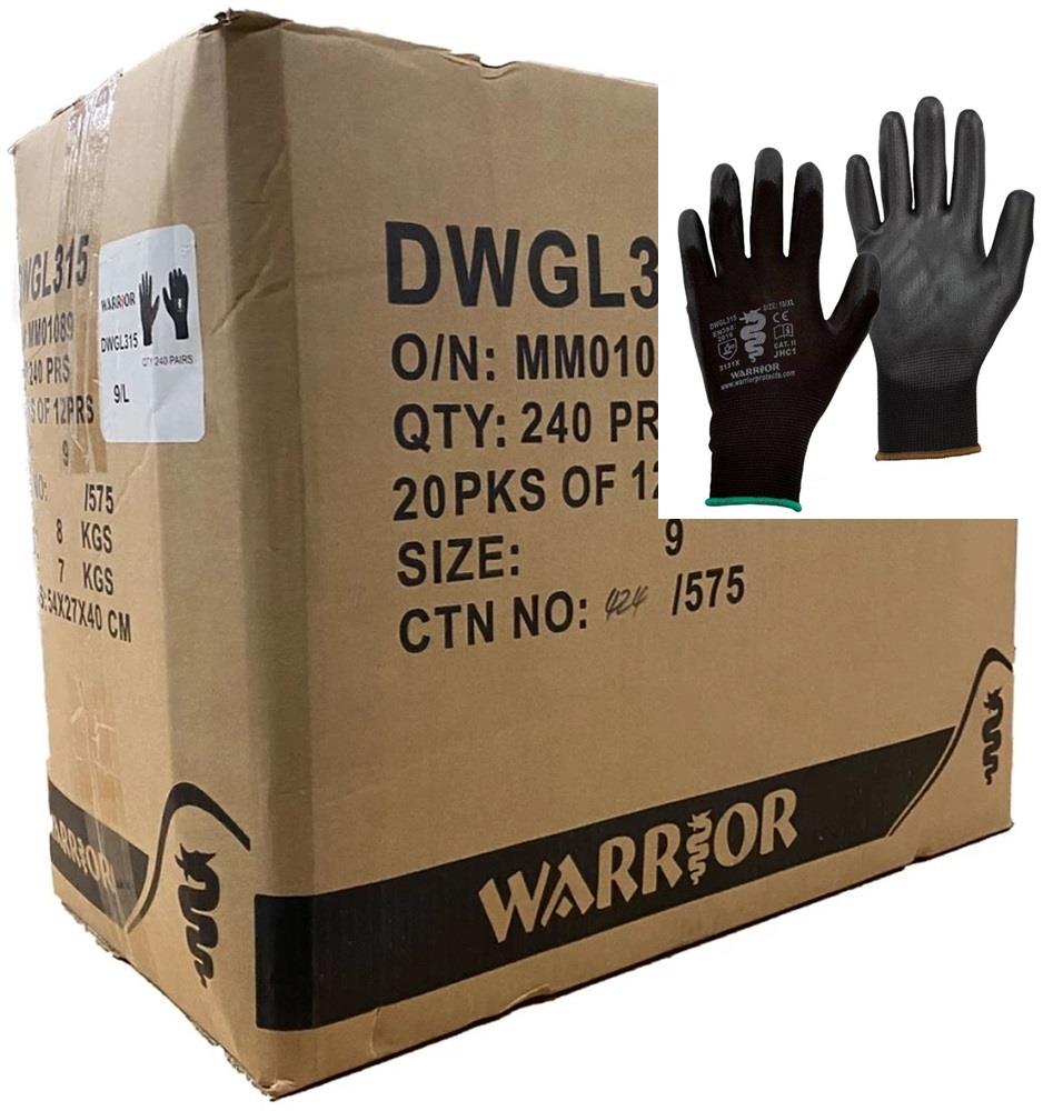 Bulk Deal 240 Pairs Warrior Black PU Coated Work Gloves