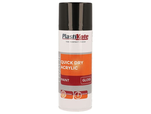 Plastikote Trade Quick Dry Acrylic Spray Paint Gloss Black 400ml