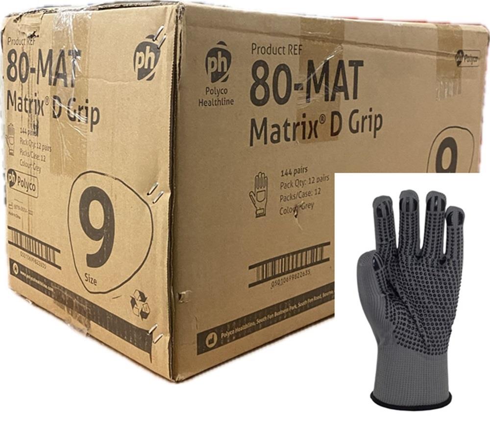 Case 144 Pairs Polyco Matrix D Grip Grey Work Gloves