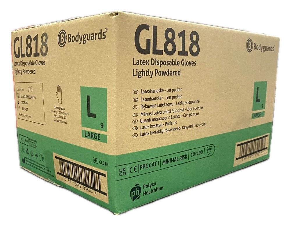 Bodyguards GL818 Lightly Powdered Latex Disposable Gloves Box 100