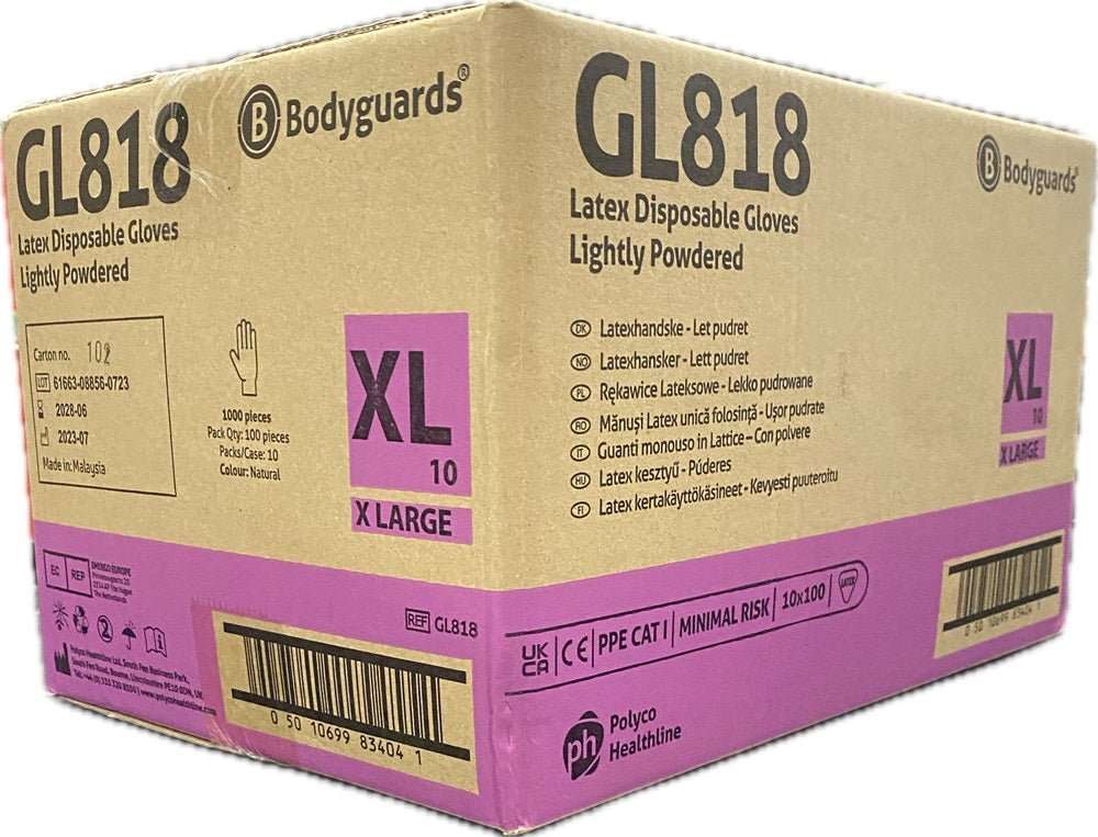 10 Boxes 1000 Bodyguards GL818 Latex Disposable Gloves Size XL