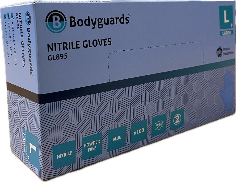 Box 100 Bodyguards GL895 Blue Nitrile Powder Free Disposable Gloves