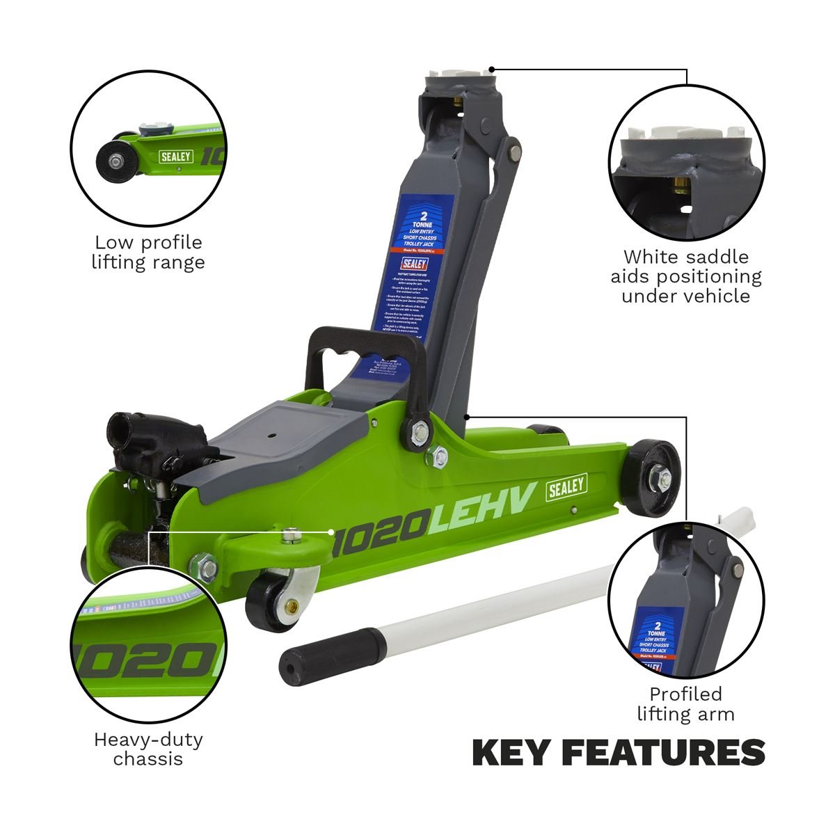 Sealey 1020LEHV Low Profile Short Chassis Trolley Jack 2 Tonne - Green