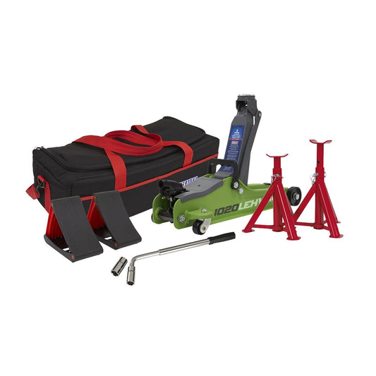 Sealey 1020LEHVBAGCOMBO Low Entry Short Chassis Trolley Jack & Accessories Bag Combo 2 Tonne - Green