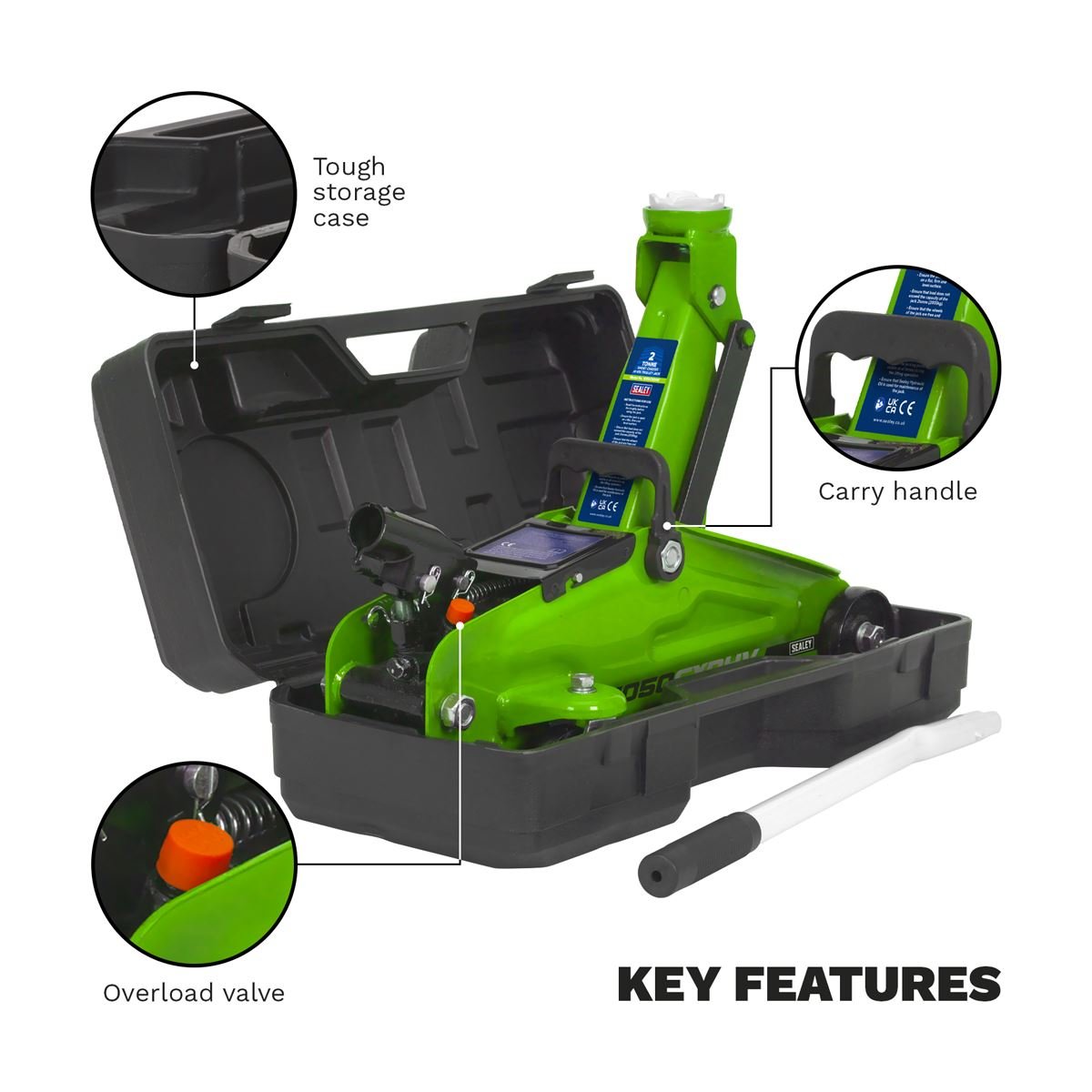 Sealey 1050CXDHV Short Chassis Trolley Jack with Storage Case 2 Tonne - Green