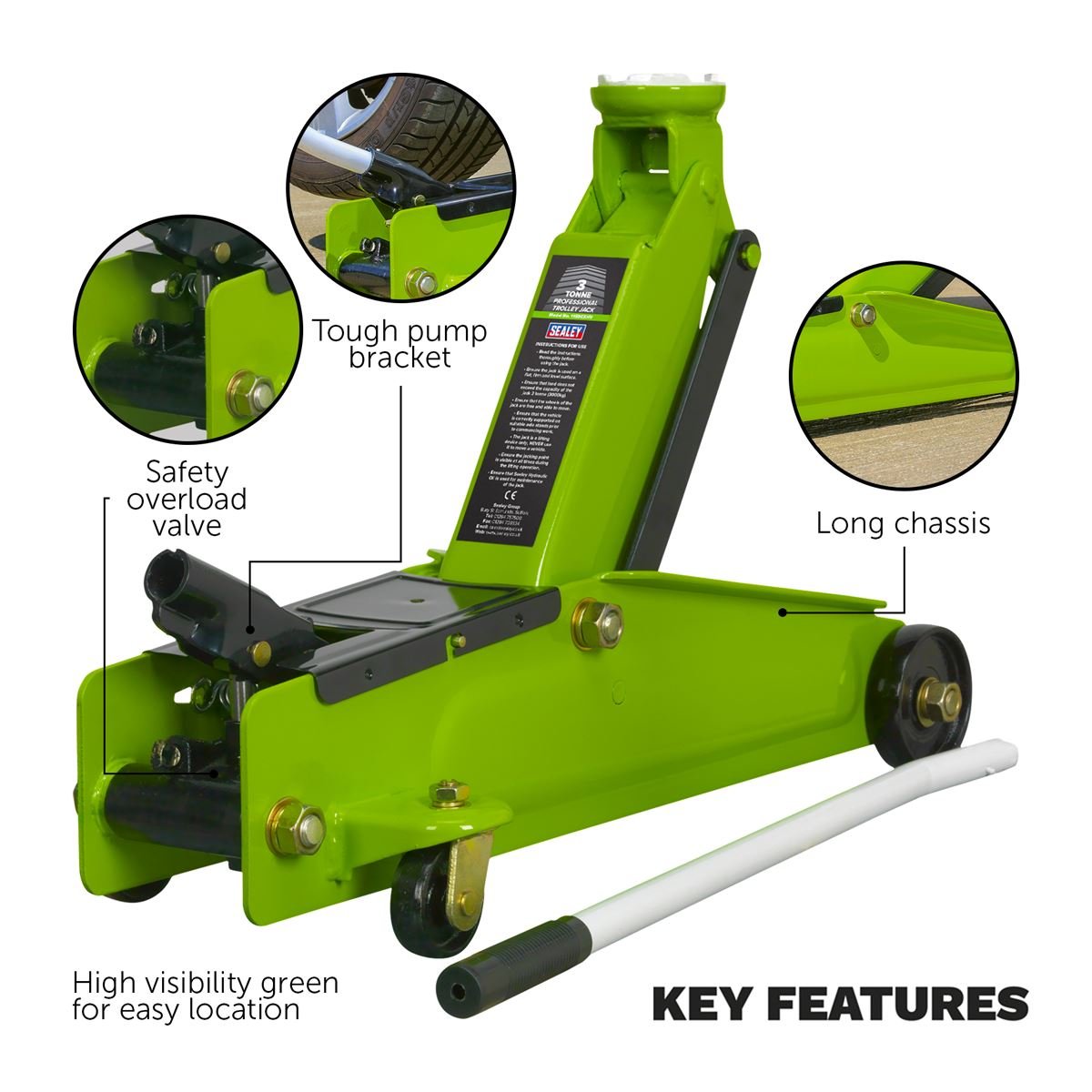 Sealey 1153CXHV Long Reach Heavy - Duty Trolley Jack 3 Tonne - Green