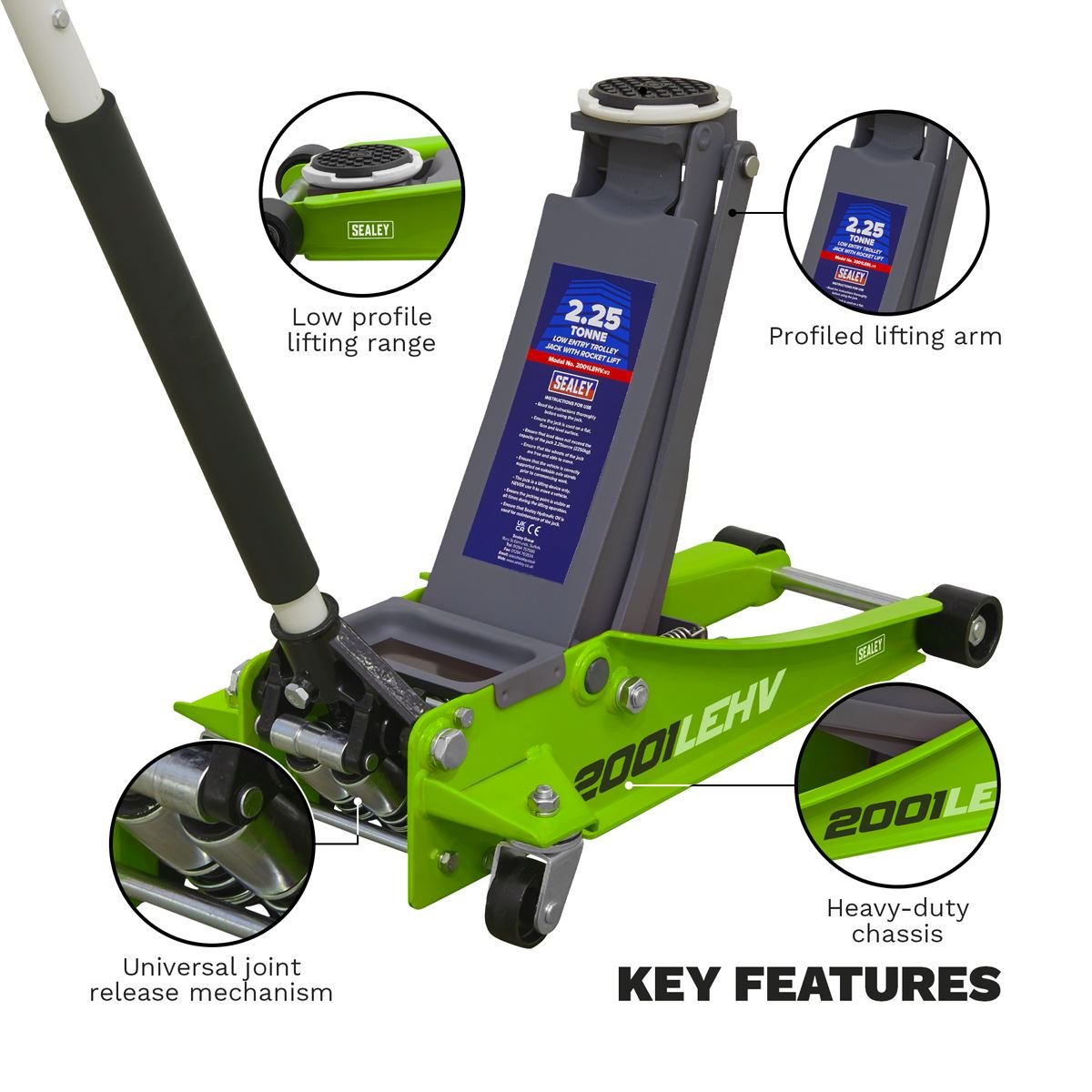 Sealey 2001LEHV Low Profile Rocket Lift Trolley Jack 2.25 Tonne - Green