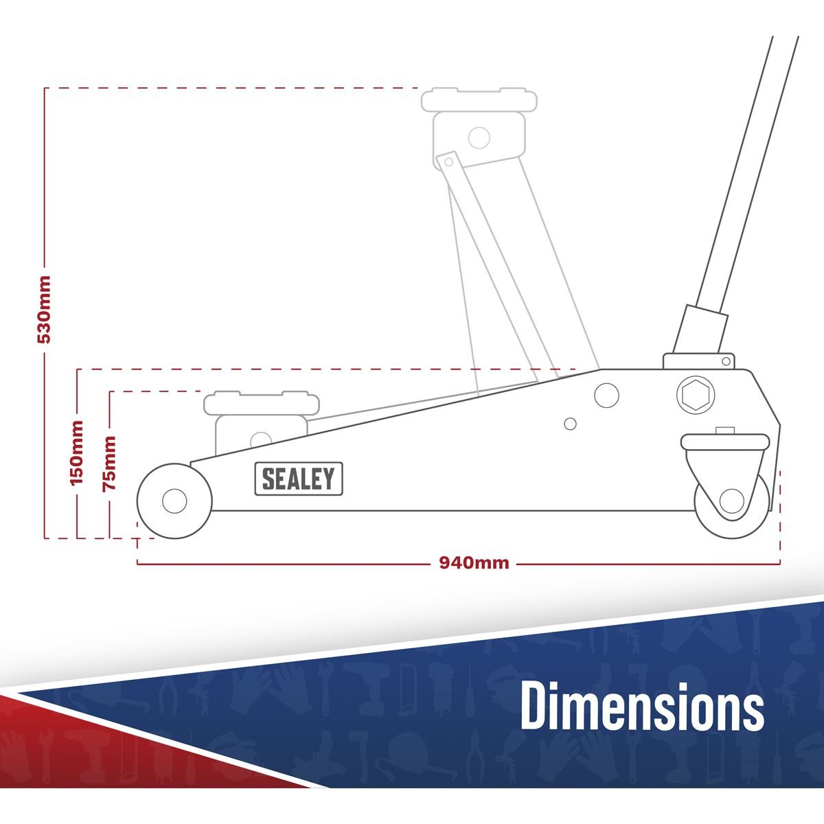 Sealey 2100TB Viking Low Profile Professional Long Reach Trolley Jack with Rocket Lift 2 Tonne