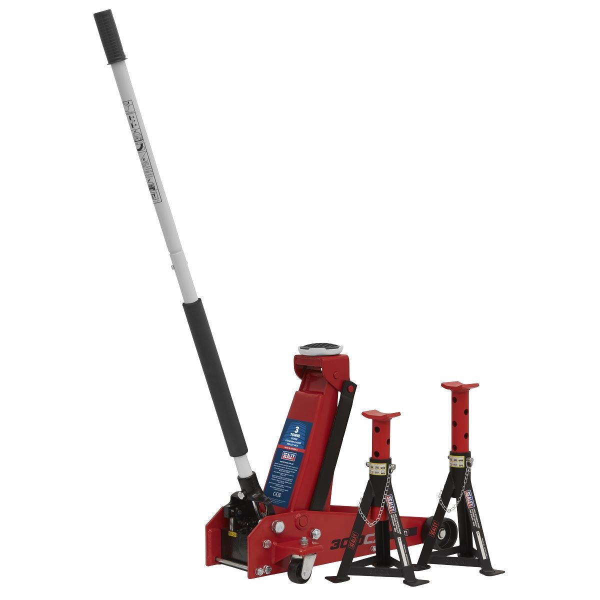 Sealey 3010CX Standard Chassis Trolley Jack 3 Tonne with Axle Stands (Pair) 3 Tonne Capacity per Stand