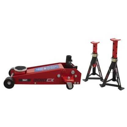 Sealey 3010CX Standard Chassis Trolley Jack 3 Tonne with Axle Stands (Pair) 3 Tonne Capacity per Stand