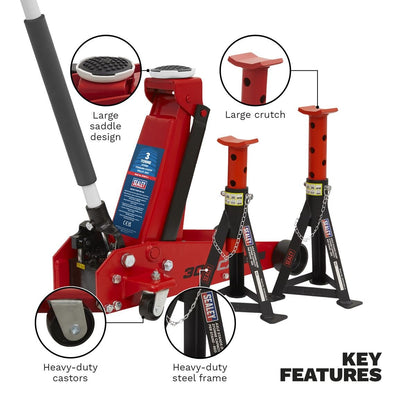 Sealey 3010CX Standard Chassis Trolley Jack 3 Tonne with Axle Stands (Pair) 3 Tonne Capacity per Stand