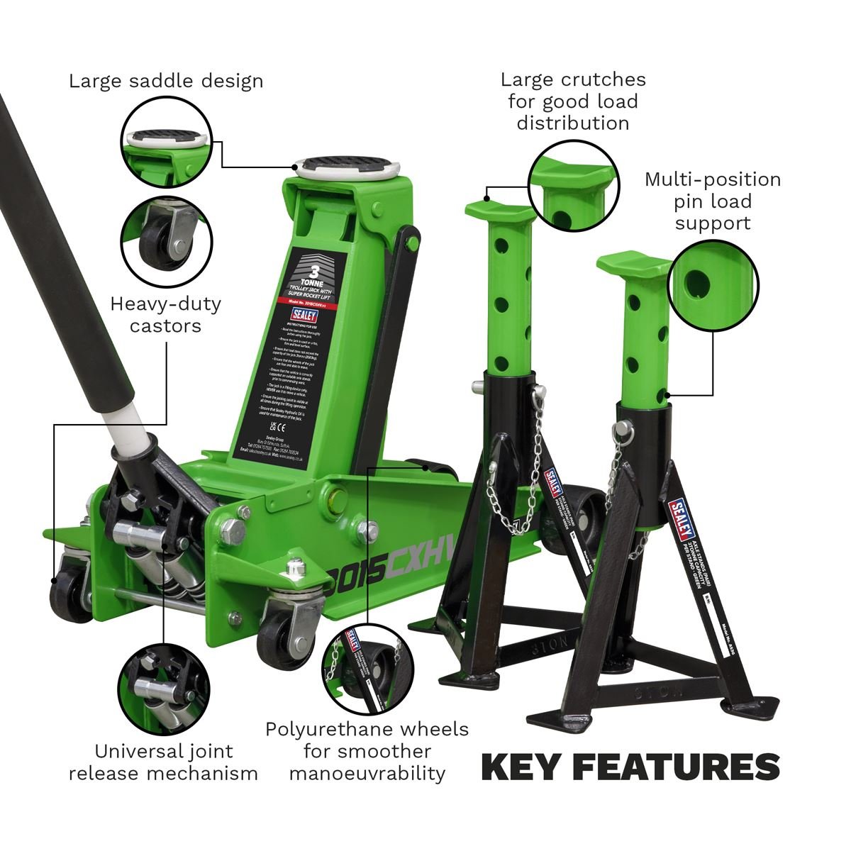 Sealey 3015CXHV Trolley Jack with Super Rocket Lift 3 Tonne & Axle Stands (Pair) 3 Tonne Capacity per Stand - Green