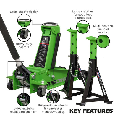 Sealey 3015CXHV Trolley Jack with Super Rocket Lift 3 Tonne & Axle Stands (Pair) 3 Tonne Capacity per Stand - Green