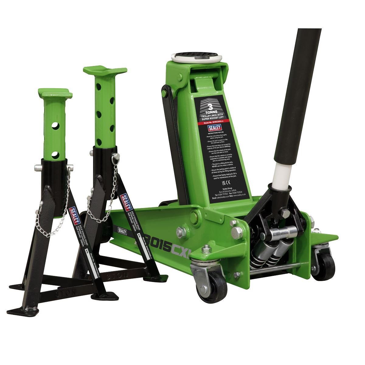 Sealey 3015CXHV Trolley Jack with Super Rocket Lift 3 Tonne & Axle Stands (Pair) 3 Tonne Capacity per Stand - Green