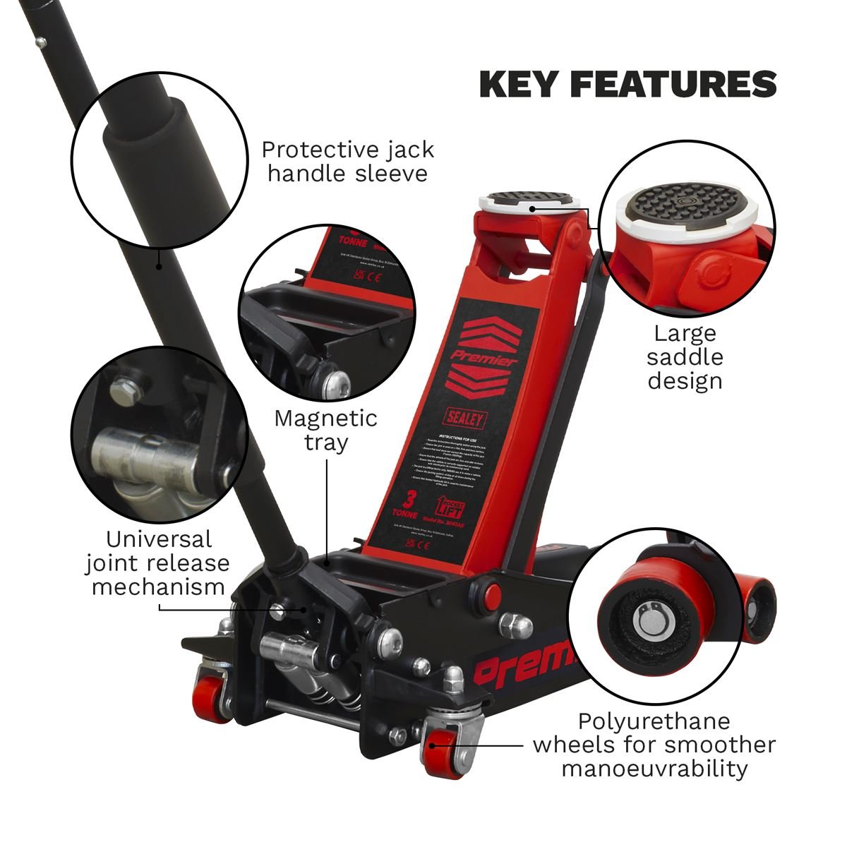 Sealey 3040AR Premier Low Profile Trolley Jack with Rocket Lift 3 Tonne - Red