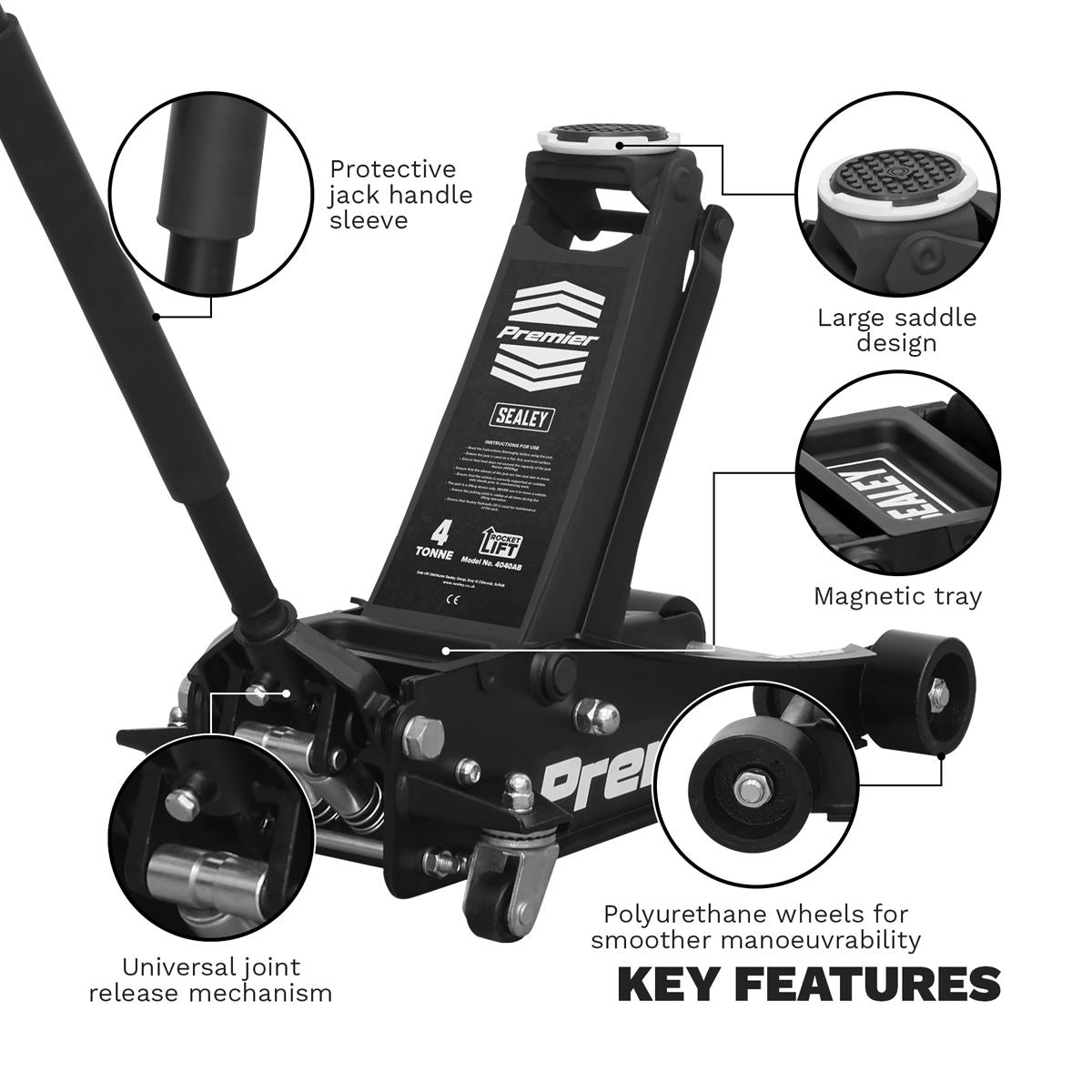 Sealey 4040AB Premier Low Profile Trolley Jack with Rocket Lift 4 Tonne - Black