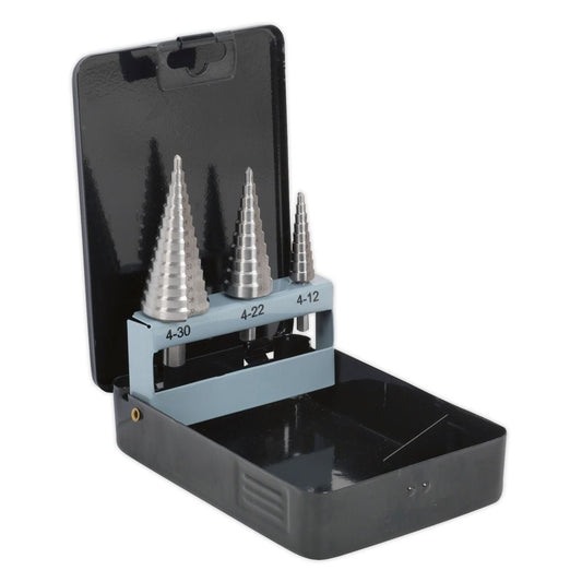 Sealey AK4746 HSS 4341 Step Drill Bit Set 3pc Double Flute-McCormickTools