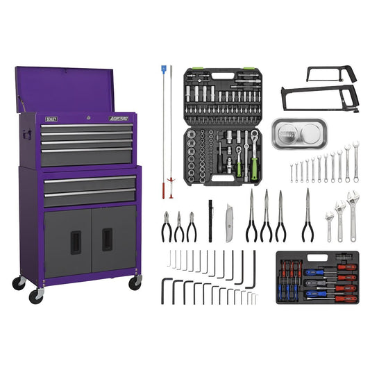 Sealey AP2200COMBOCP Topchest & Rollcab Combination 6 Drawer with Ball-Bearing Slides - Purple/Grey & 170pc Tool Kit-McCormickTools