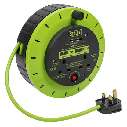 Sealey BCR10G Cassette Type Cable Reel Green with Thermal Trip 2 x 230V and 2 x USB 10m