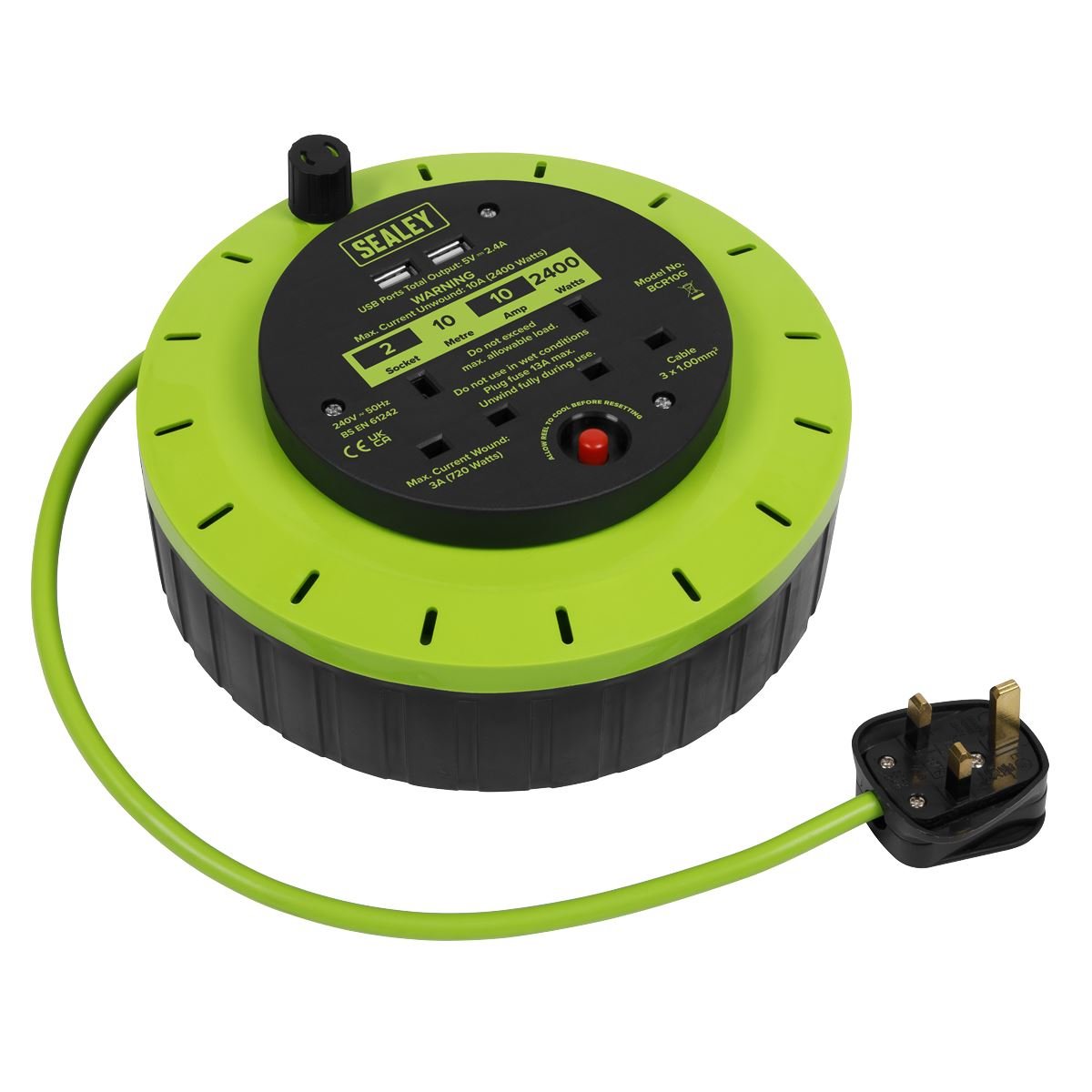 Sealey BCR10G Cassette Type Cable Reel Green with Thermal Trip 2 x 230V and 2 x USB 10m