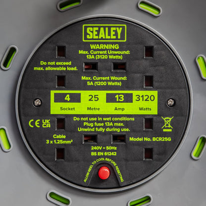 Sealey BCR25G Cable Reel with Thermal Trip 4 x 230V Sockets 25m - Green