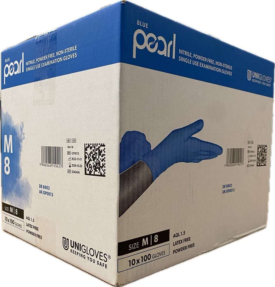 10 Boxes 1000 Unigloves Blue Pearl Nitrile Disposable Gloves 8 Medium