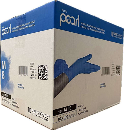 10 Boxes 1000 Unigloves Blue Pearl Nitrile Disposable Gloves 8 Medium