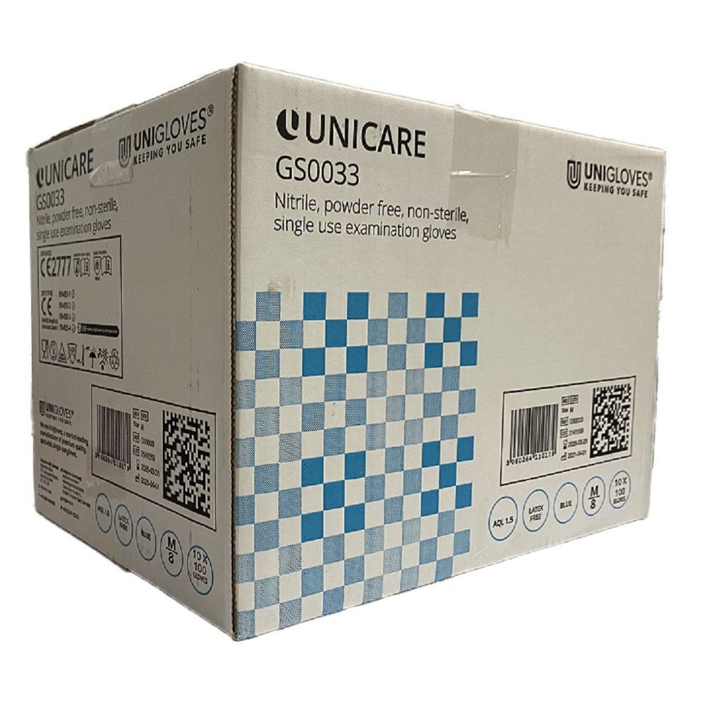 Box 100 Unicare Blue Nitrile Powder Free Medical Grade Disposable Gloves GS003