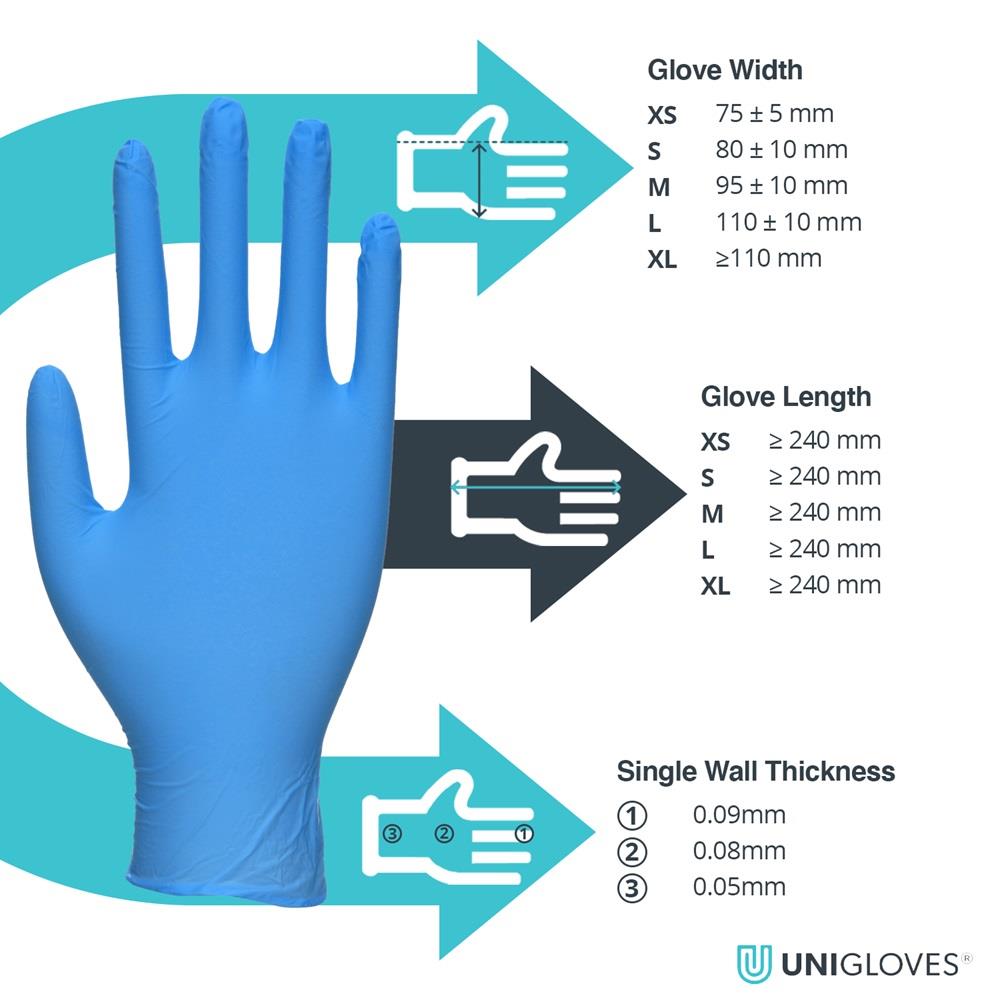 Box 100 Unicare Blue Nitrile Powder Free Medical Grade Disposable Gloves GS003